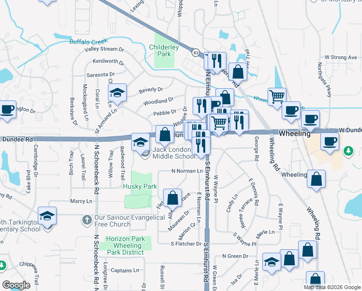 map of restaurants, bars, coffee shops, grocery stores, and more near 901 West Dundee Road in Wheeling