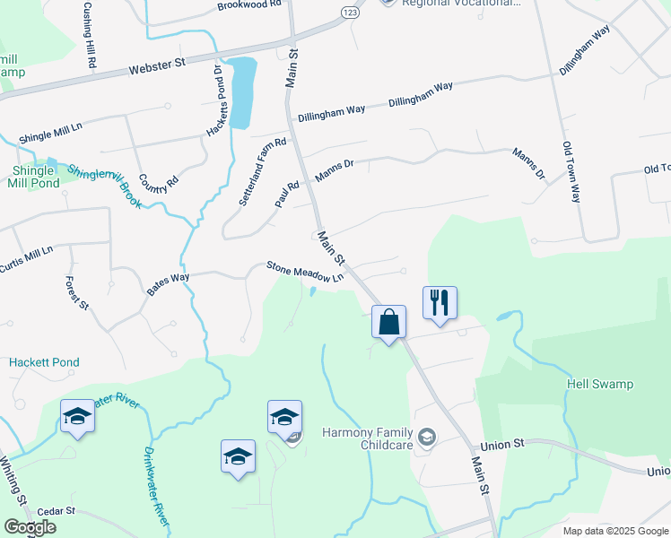 map of restaurants, bars, coffee shops, grocery stores, and more near 16 Stone Meadow Lane in Hanover