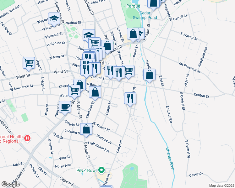 map of restaurants, bars, coffee shops, grocery stores, and more near 12 Claflin Street in Milford