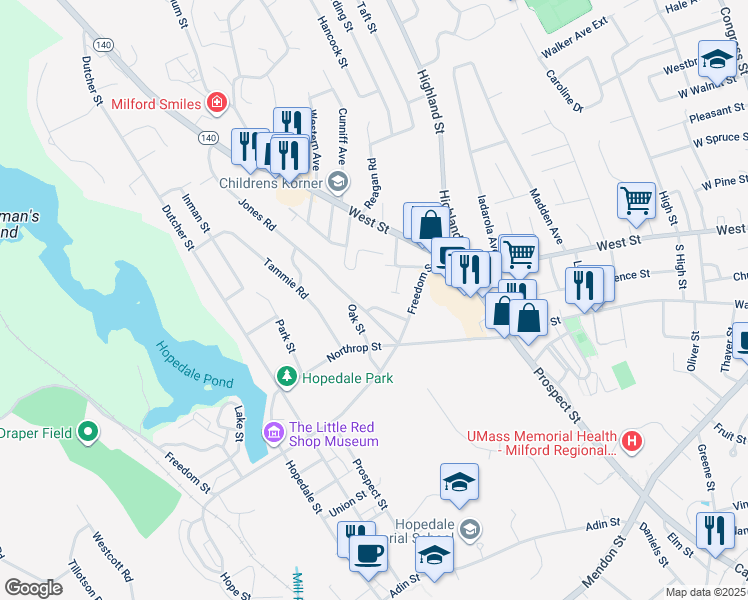 map of restaurants, bars, coffee shops, grocery stores, and more near 112 Jones Road in Hopedale