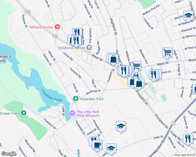 map of restaurants, bars, coffee shops, grocery stores, and more near 112 Jones Road in Hopedale