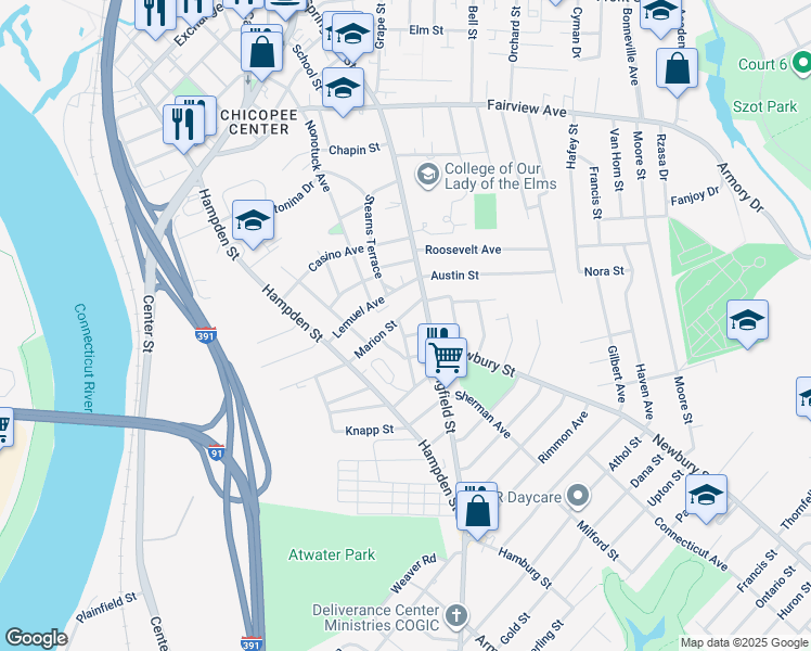 map of restaurants, bars, coffee shops, grocery stores, and more near 12 Mc Kinley Avenue in Chicopee