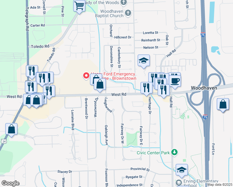 map of restaurants, bars, coffee shops, grocery stores, and more near 22654 Stratford Avenue in Trenton