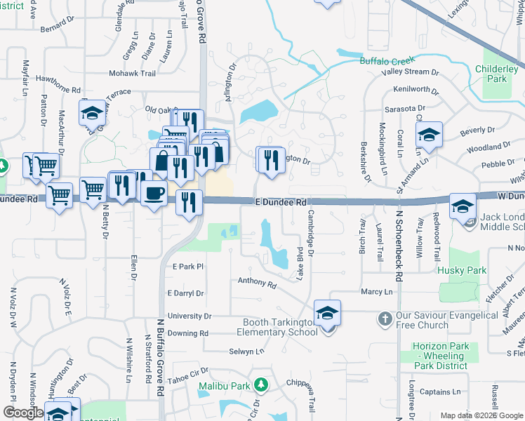 map of restaurants, bars, coffee shops, grocery stores, and more near 250 Lake Boulevard in Buffalo Grove