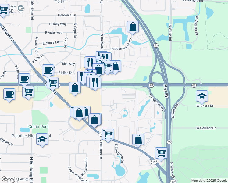 map of restaurants, bars, coffee shops, grocery stores, and more near 1279 East Dundee Road in Palatine