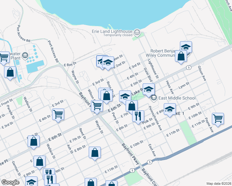 map of restaurants, bars, coffee shops, grocery stores, and more near 949 E 5th St in Erie