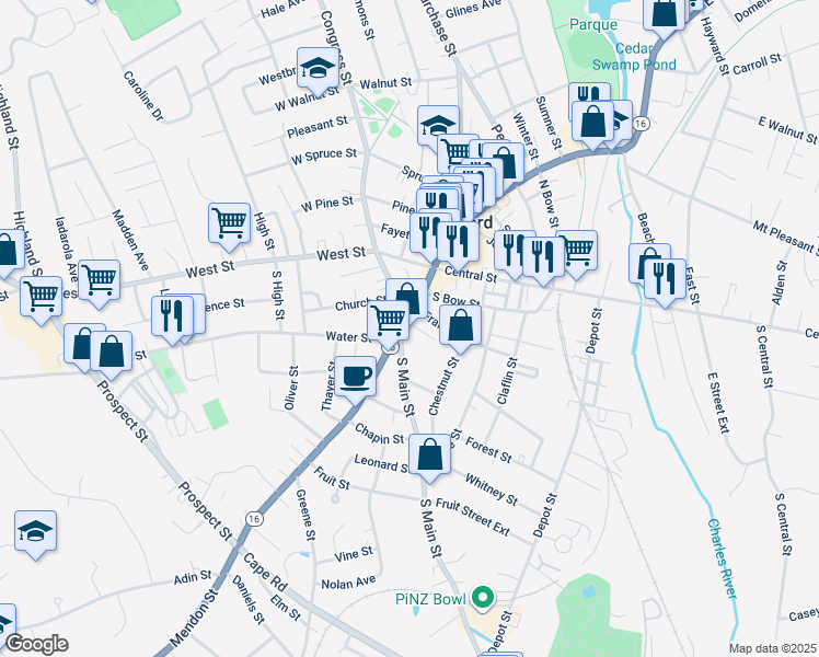 map of restaurants, bars, coffee shops, grocery stores, and more near in Milford