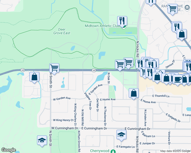 map of restaurants, bars, coffee shops, grocery stores, and more near 75 Country Club Court in Palatine