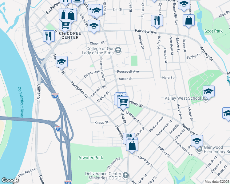 map of restaurants, bars, coffee shops, grocery stores, and more near 437 Springfield Street in Chicopee