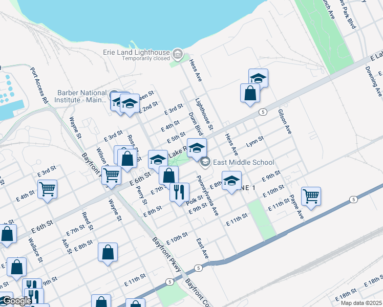 map of restaurants, bars, coffee shops, grocery stores, and more near 1001 Atkins Street in Erie