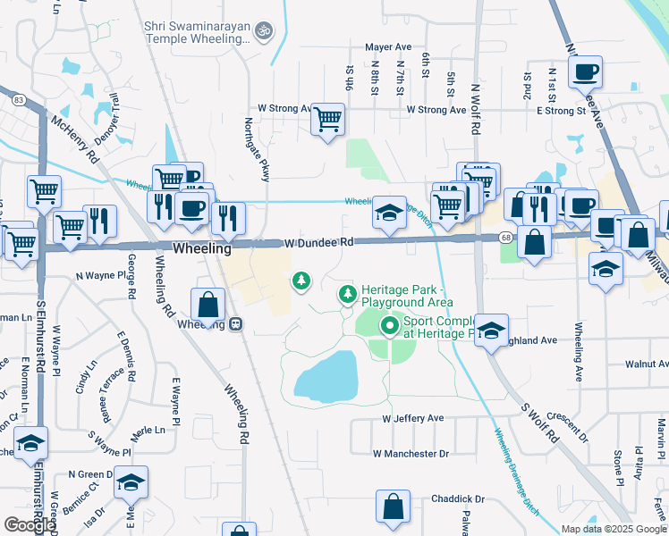 map of restaurants, bars, coffee shops, grocery stores, and more near 2 Community Blvd in Wheeling