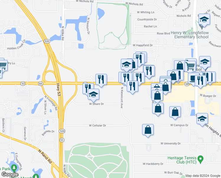 map of restaurants, bars, coffee shops, grocery stores, and more near 1155 W Dundee Road in Arlington Heights