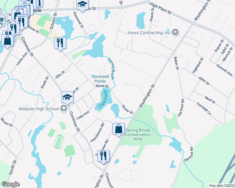 map of restaurants, bars, coffee shops, grocery stores, and more near 348 Stone Street in Walpole