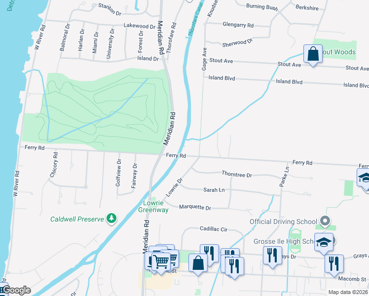 map of restaurants, bars, coffee shops, grocery stores, and more near 9001 Ferry Road in Grosse Ile Township