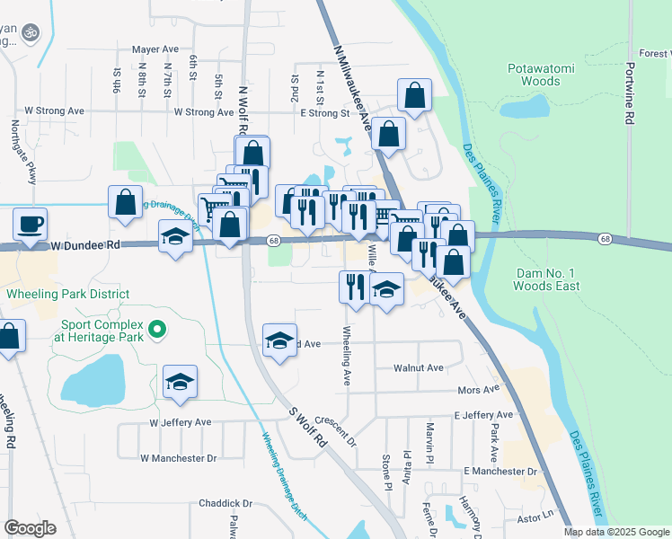 map of restaurants, bars, coffee shops, grocery stores, and more near 185 Arbor Court in Wheeling