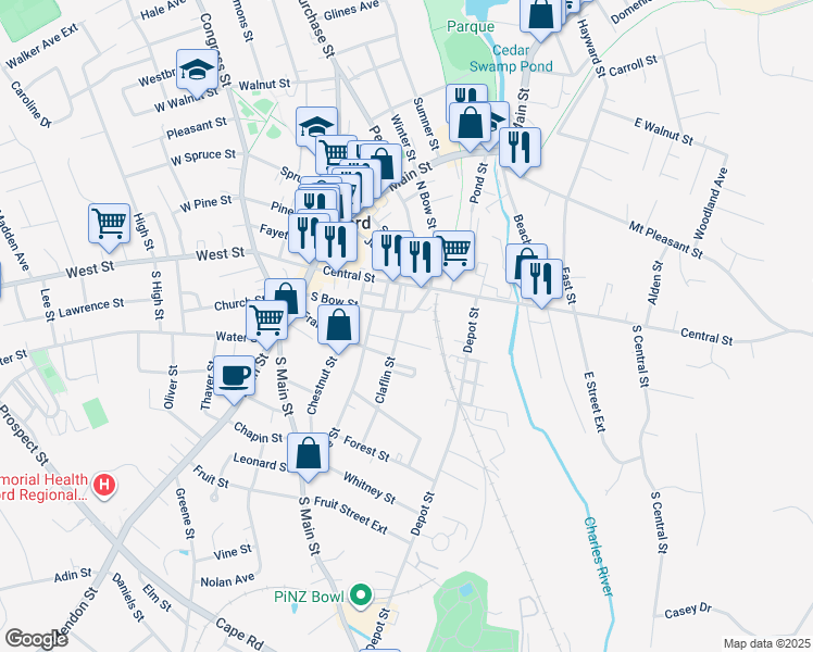 map of restaurants, bars, coffee shops, grocery stores, and more near 6 Claflin Street in Milford