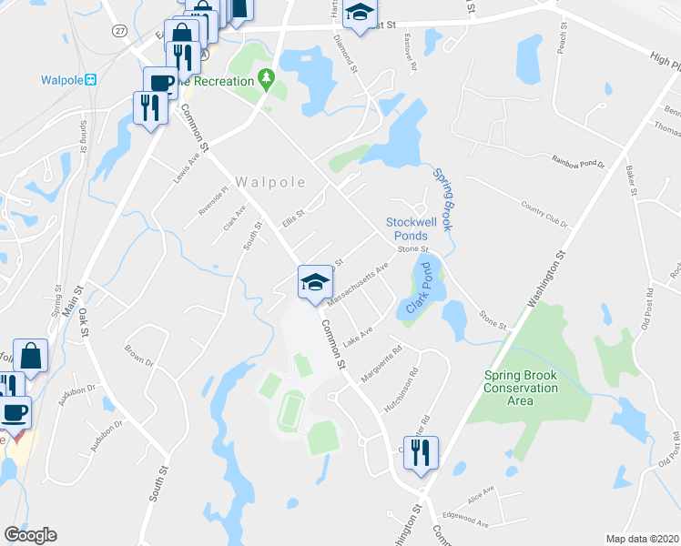 map of restaurants, bars, coffee shops, grocery stores, and more near 29 Clapp Street in Walpole