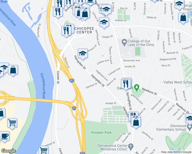 map of restaurants, bars, coffee shops, grocery stores, and more near 199 Hampden Street in Chicopee