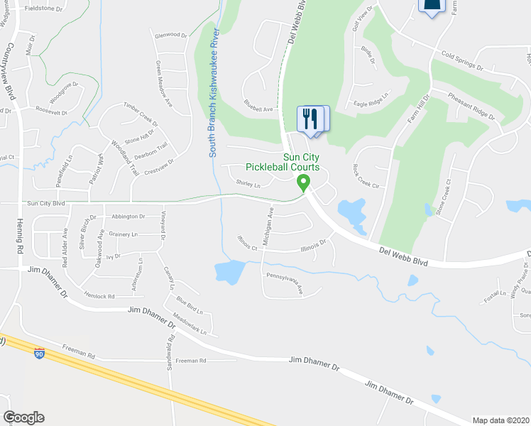 map of restaurants, bars, coffee shops, grocery stores, and more near 13155 Michigan Avenue in Huntley