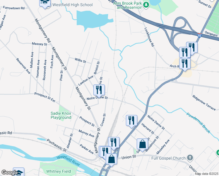 map of restaurants, bars, coffee shops, grocery stores, and more near 51 Crown Street in Westfield