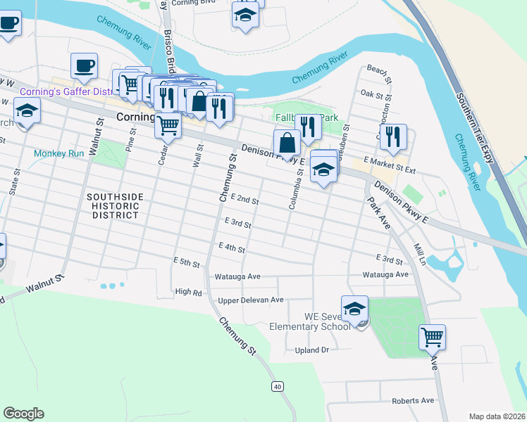 map of restaurants, bars, coffee shops, grocery stores, and more near 198 Pearl Street in Corning