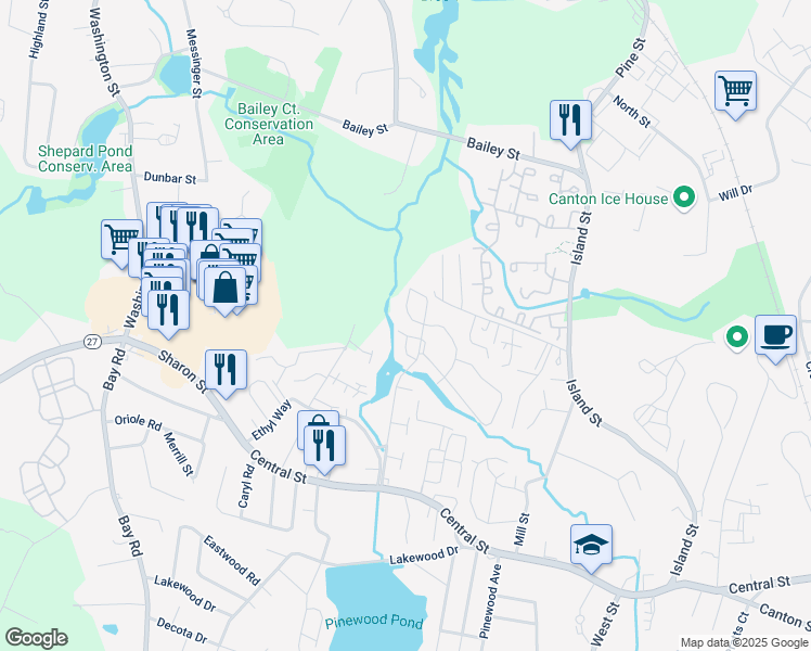 map of restaurants, bars, coffee shops, grocery stores, and more near 16 Jennifer Lane in Stoughton