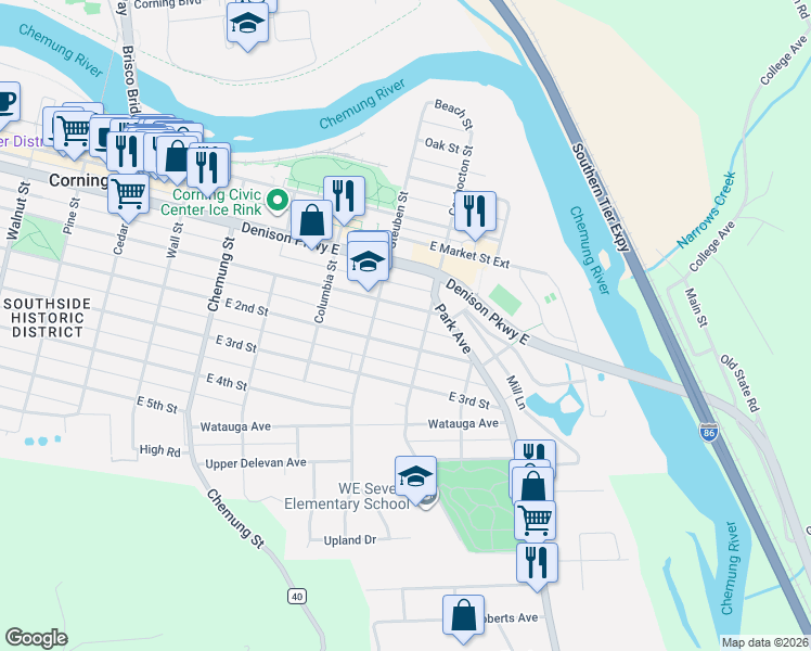 map of restaurants, bars, coffee shops, grocery stores, and more near 343 East 2nd Street in Corning