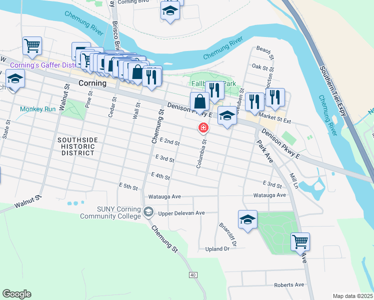 map of restaurants, bars, coffee shops, grocery stores, and more near 191 Columbia Street in Corning