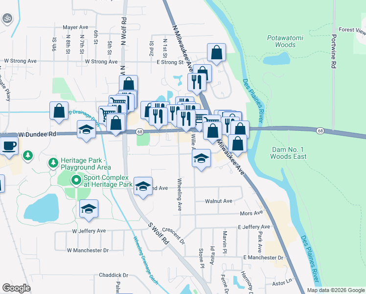 map of restaurants, bars, coffee shops, grocery stores, and more near 223 Center Avenue in Wheeling