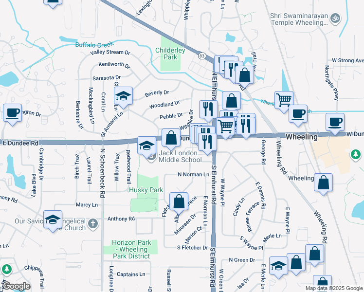 map of restaurants, bars, coffee shops, grocery stores, and more near 901 West Dundee Road in Wheeling