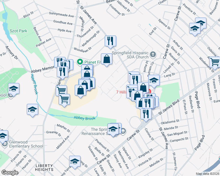 map of restaurants, bars, coffee shops, grocery stores, and more near 22 Silvia Street in Springfield
