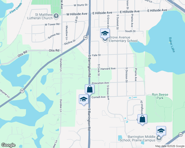 map of restaurants, bars, coffee shops, grocery stores, and more near 1113 South Hough Street in Barrington