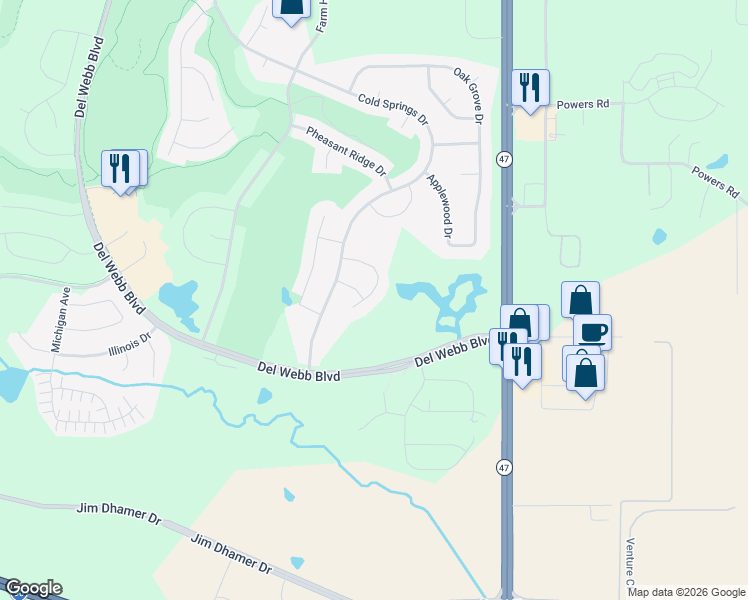 map of restaurants, bars, coffee shops, grocery stores, and more near 12303 Fox Run Court in Huntley
