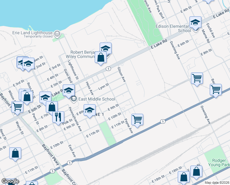 map of restaurants, bars, coffee shops, grocery stores, and more near 709 Payne Avenue in Erie