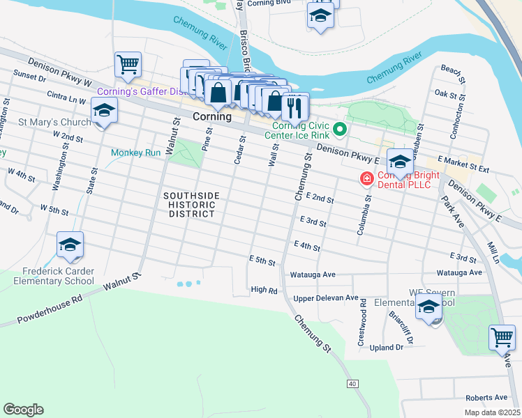 map of restaurants, bars, coffee shops, grocery stores, and more near Wall Street in Corning