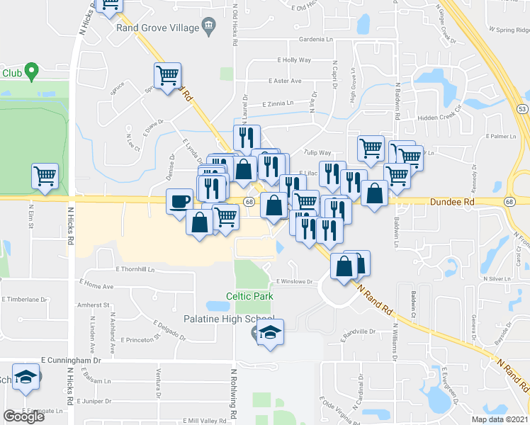 map of restaurants, bars, coffee shops, grocery stores, and more near 871 East Dundee Road in Palatine