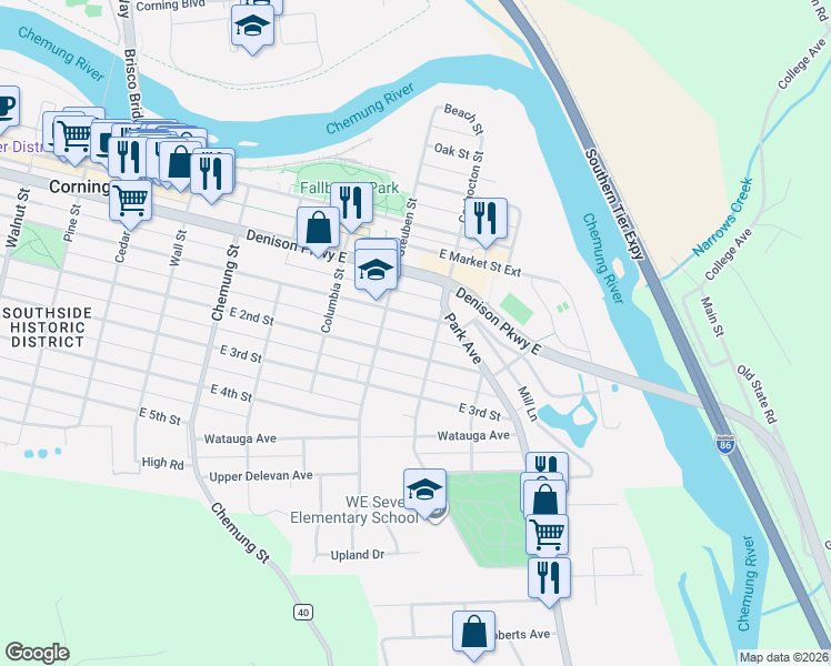 map of restaurants, bars, coffee shops, grocery stores, and more near 343 East 2nd Street in Corning
