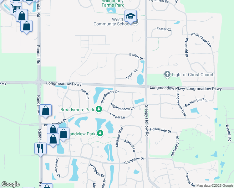 map of restaurants, bars, coffee shops, grocery stores, and more near 1921 Broadsmore Drive in Algonquin