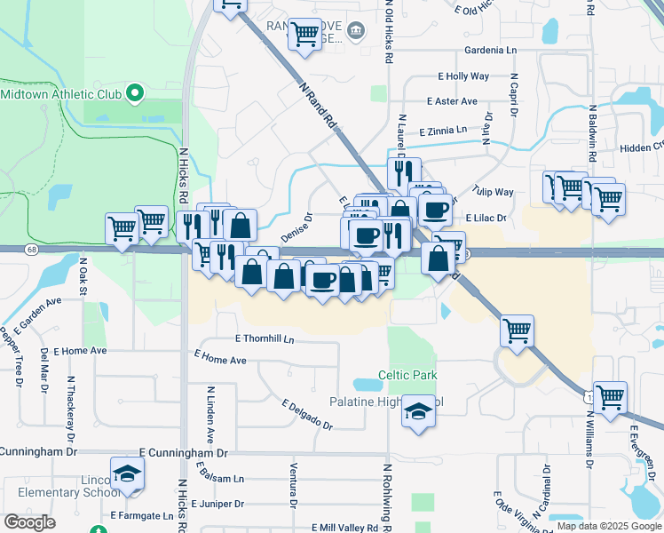 map of restaurants, bars, coffee shops, grocery stores, and more near 691 East Dundee Road in Palatine