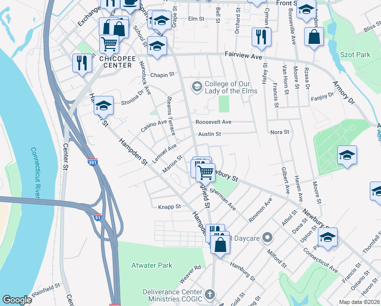 map of restaurants, bars, coffee shops, grocery stores, and more near 12 Mc Kinley Avenue in Chicopee