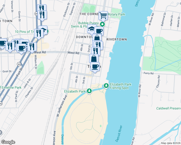 map of restaurants, bars, coffee shops, grocery stores, and more near 3323 3rd Street in Trenton