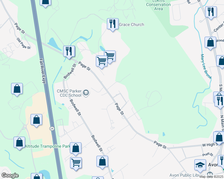 map of restaurants, bars, coffee shops, grocery stores, and more near 1 Blanchard Street in Avon