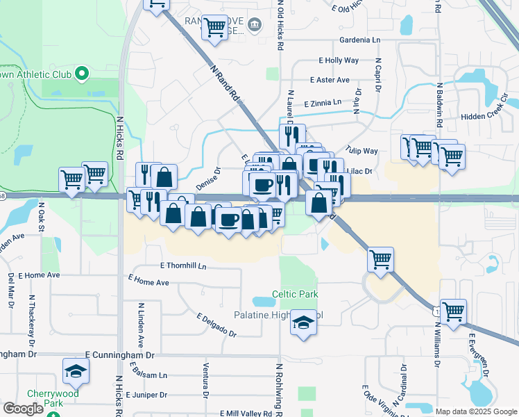 map of restaurants, bars, coffee shops, grocery stores, and more near 691 E Dundee Rd in Palatine