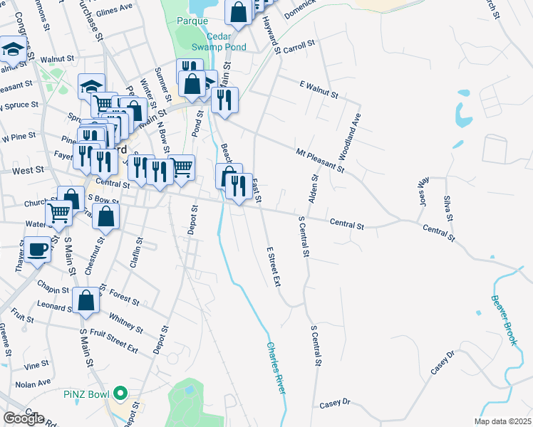 map of restaurants, bars, coffee shops, grocery stores, and more near 46 East Street Extension in Milford