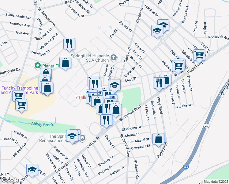 map of restaurants, bars, coffee shops, grocery stores, and more near 1430 Carew Street in Springfield