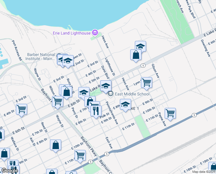 map of restaurants, bars, coffee shops, grocery stores, and more near 1055 Atkins Street in Erie