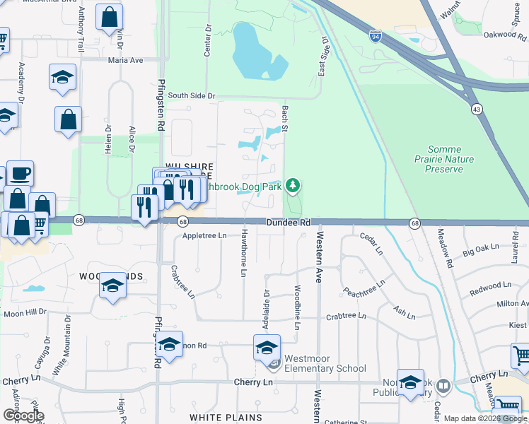 map of restaurants, bars, coffee shops, grocery stores, and more near 2515 Dundee Road in Northbrook