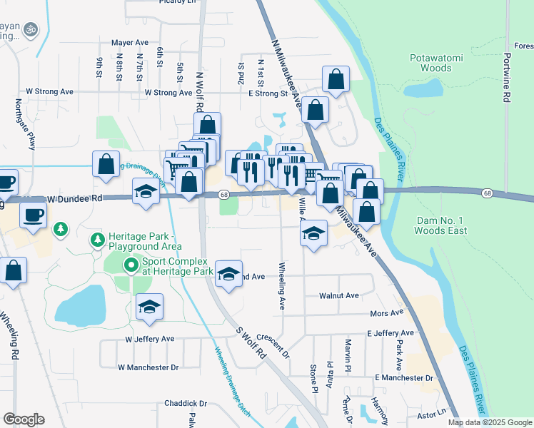map of restaurants, bars, coffee shops, grocery stores, and more near 157 Center Avenue in Wheeling