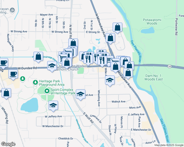 map of restaurants, bars, coffee shops, grocery stores, and more near 157 Center Avenue in Wheeling