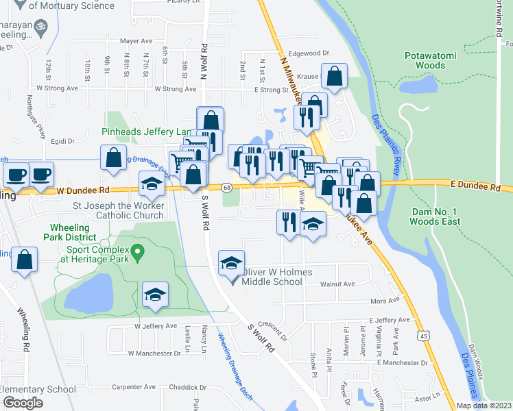 map of restaurants, bars, coffee shops, grocery stores, and more near 157 Center Avenue in Wheeling